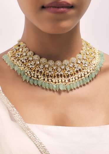 Gold Finish Mint Green Choker Set With Kundan Work In Mix Metal
