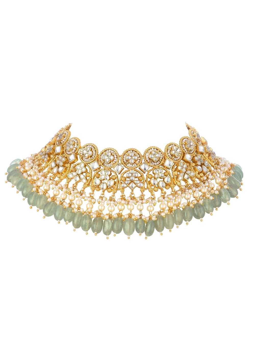 Gold Finish Mint Green Choker Set With Kundan Work In Mix Metal