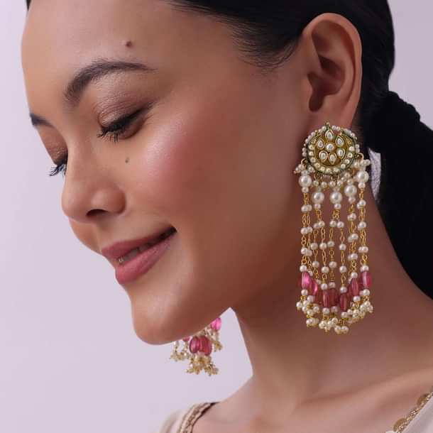 Gold Finish Mix Metal Danglers With Pink Beads Gold Finish Mix Metal Danglers With Pink Beads