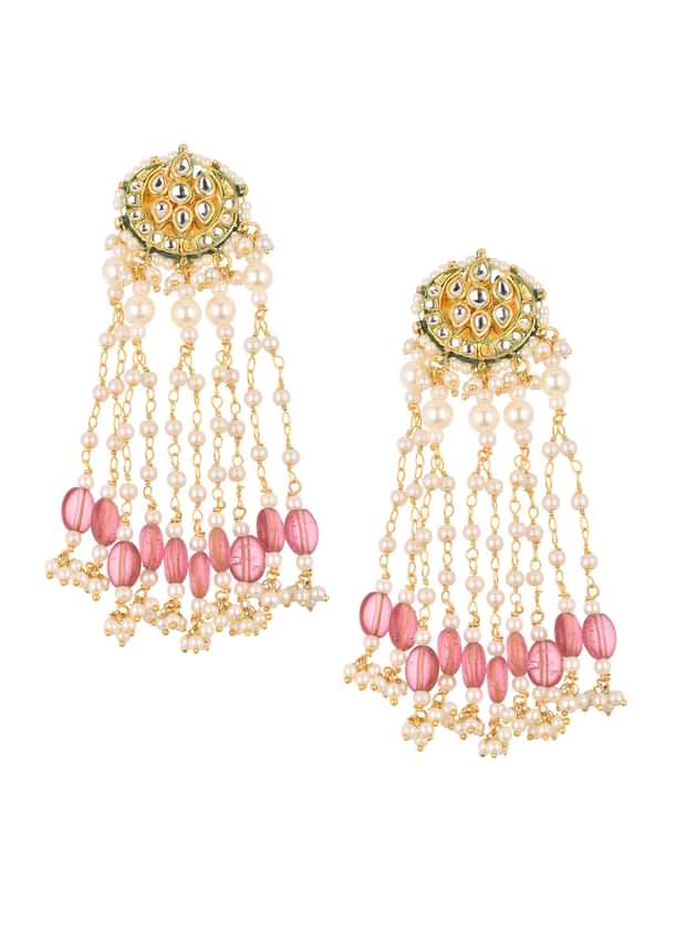 Gold Finish Mix Metal Danglers With Pink Beads Gold Finish Mix Metal Danglers With Pink Beads