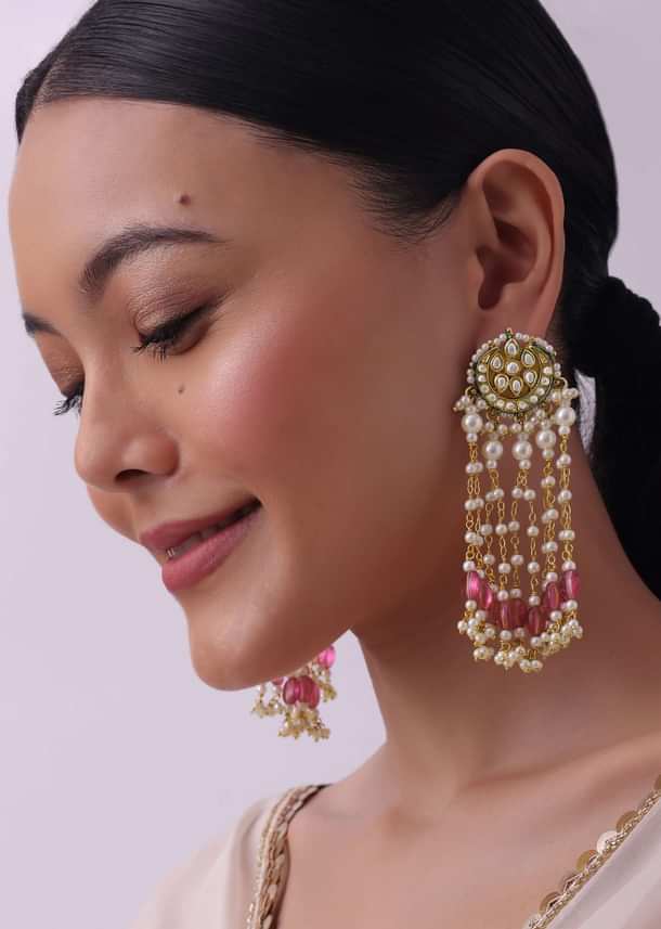 Gold Finish Mix Metal Danglers With Pink Beads Gold Finish Mix Metal Danglers With Pink Beads