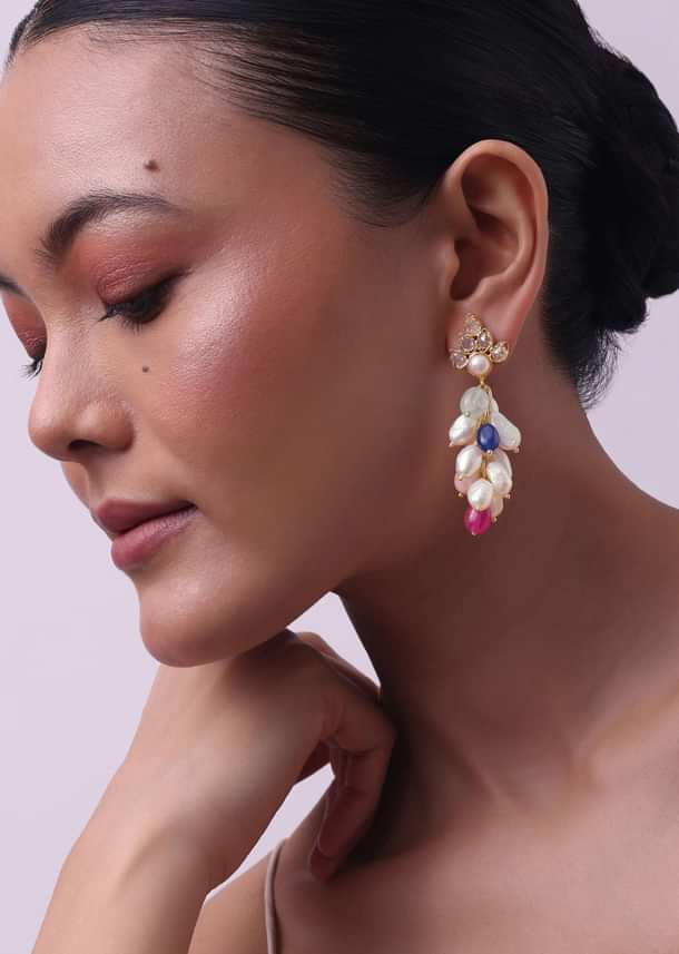 Gold Finish Multicolor Kundan Danglers In Mix Metal Gold Finish Multicolor Kundan Danglers In Mix Metal