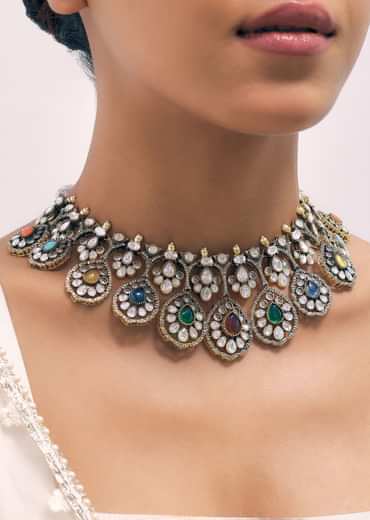 Gold Finish Multicolour Moissanite Necklace Set With Earrings
