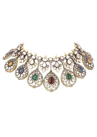 Gold Finish Multicolour Moissanite Necklace Set With Earrings