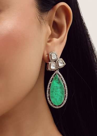 Gold Finish Necklace Set With Mint Green Polki Stones In Mix Metal