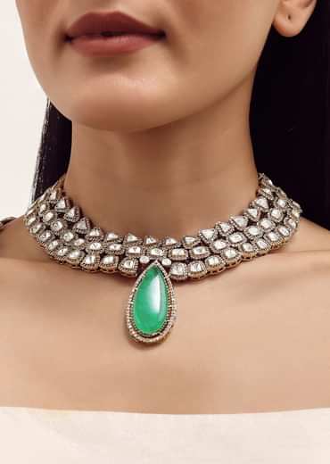 Gold Finish Necklace Set With Mint Green Polki Stones In Mix Metal