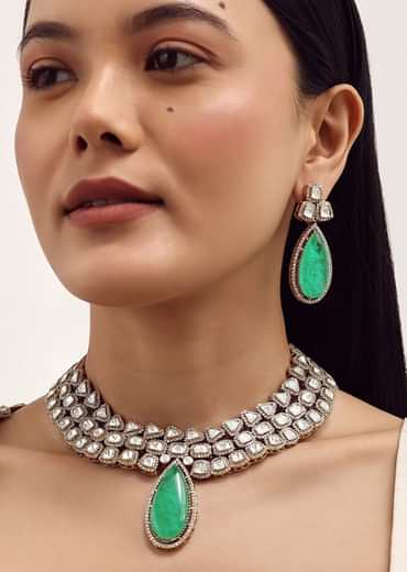 Gold Finish Necklace Set With Mint Green Polki Stones In Mix Metal