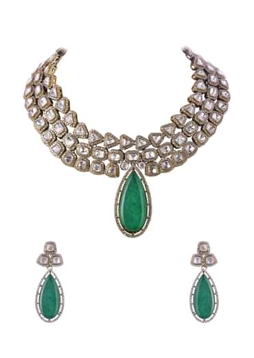 Gold Finish Necklace Set With Mint Green Polki Stones In Mix Metal
