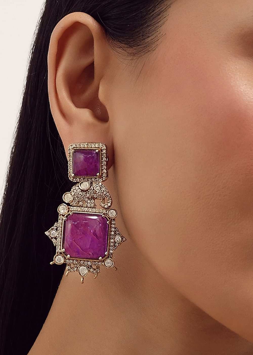 Gold Finish Necklace Set With Purple Polki Stones In Mix Metal