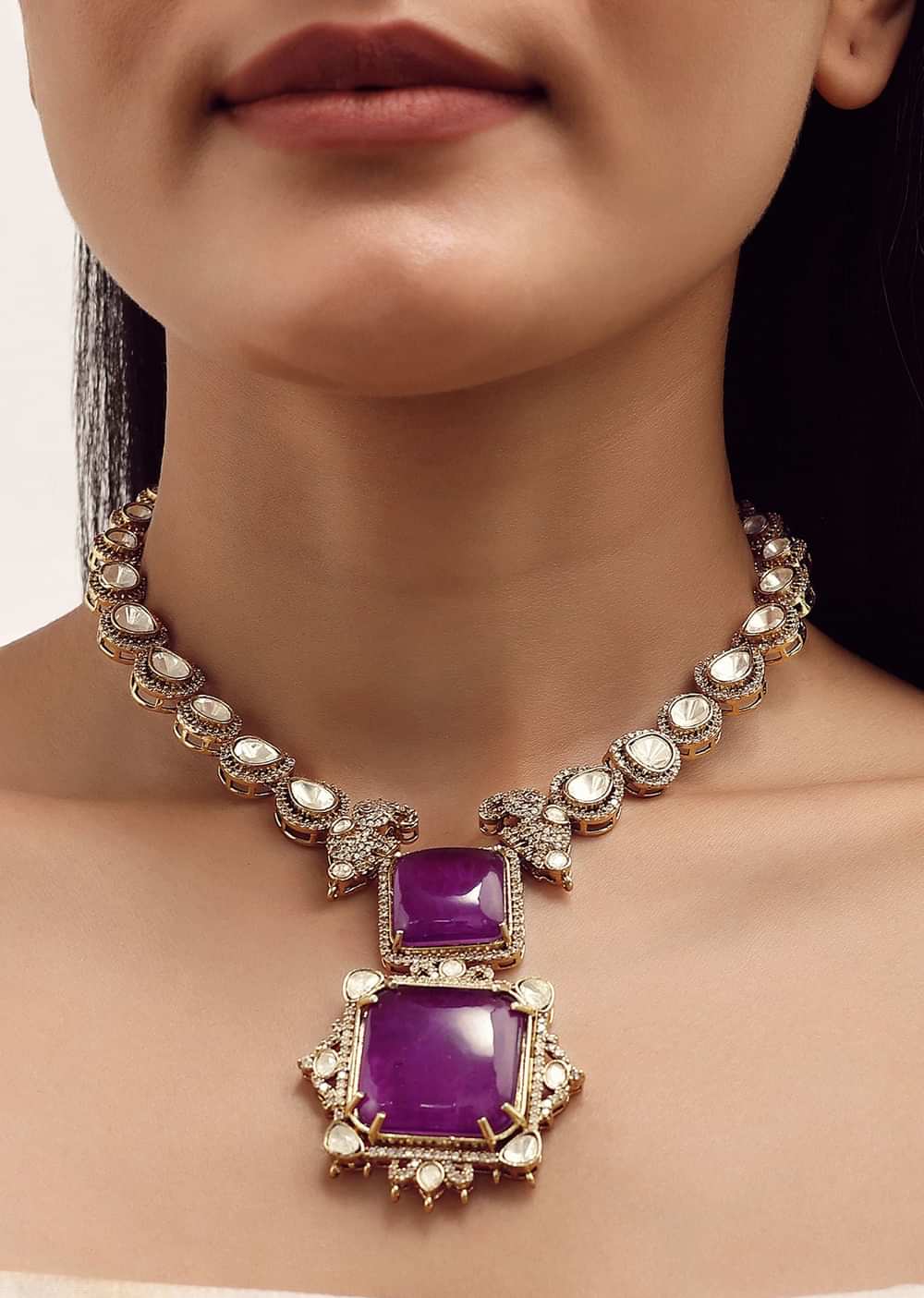 Gold Finish Necklace Set With Purple Polki Stones In Mix Metal