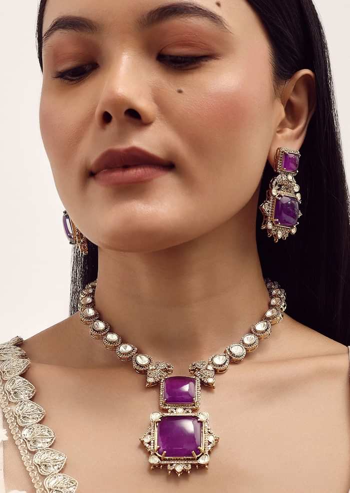 Gold Finish Necklace Set With Purple Polki Stones In Mix Metal