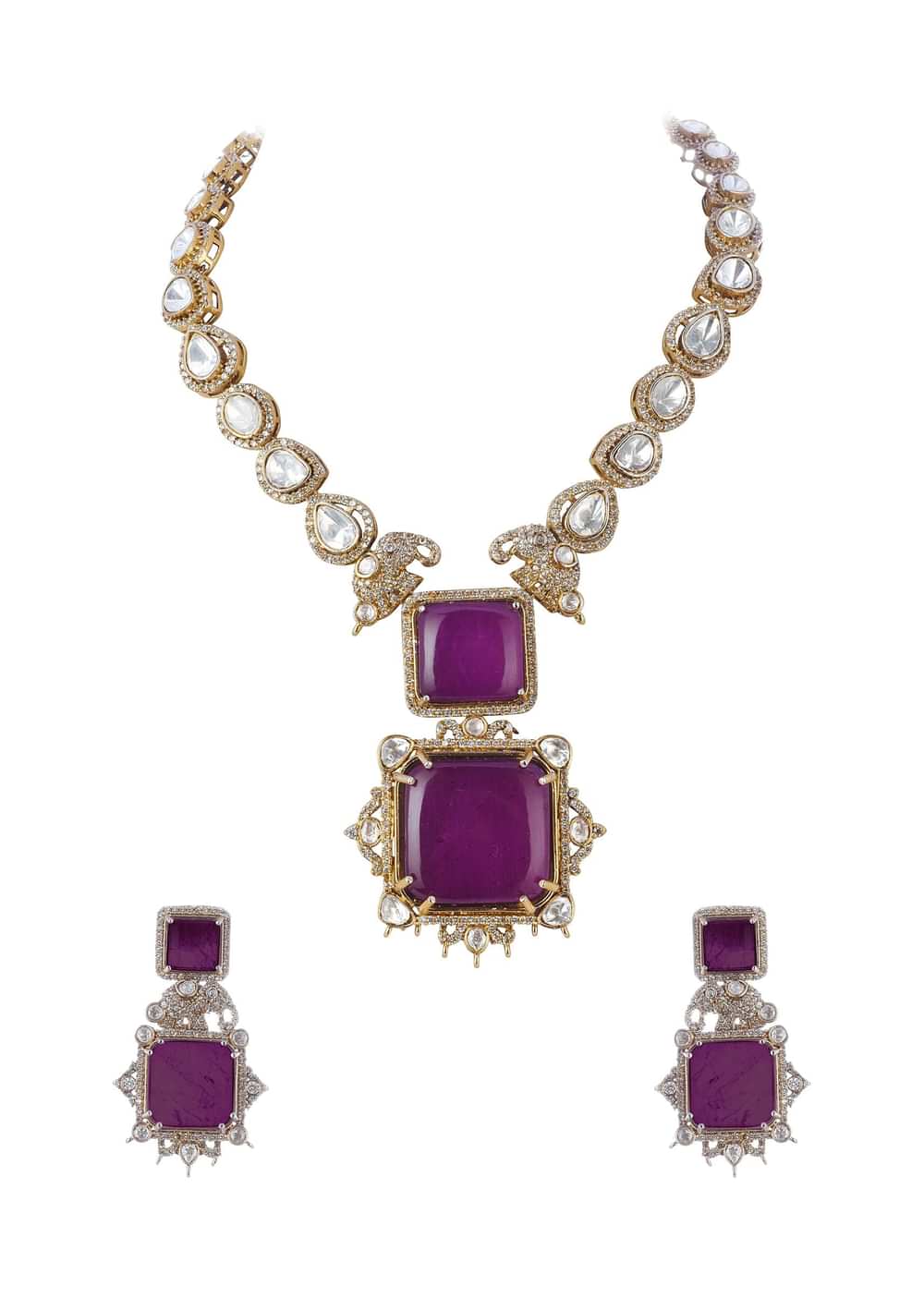 Gold Finish Necklace Set With Purple Polki Stones In Mix Metal