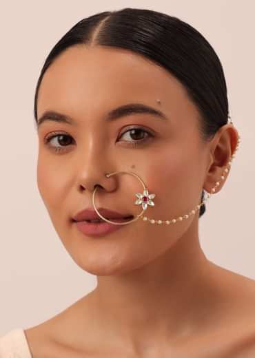 Gold Finish Nose Ring With Floral Motif And Studded Kundan