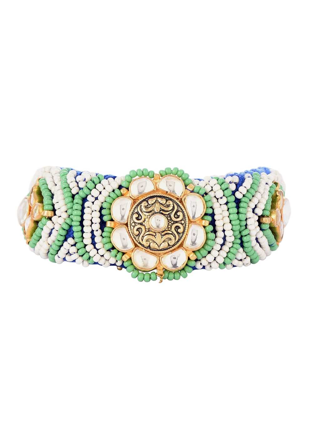 Gold Finish Pachi Kundan Bracelet With Blue Emerald In Mix Metals