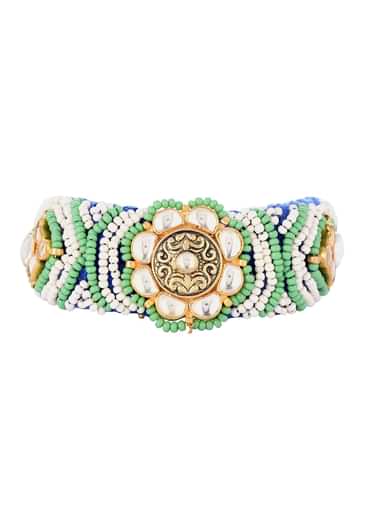 Gold Finish Pachi Kundan Bracelet With Blue Emerald In Mix Metals