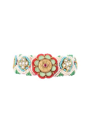 Gold Finish Kundan Bracelet With Emerald And Ruby In A Mix Metal
