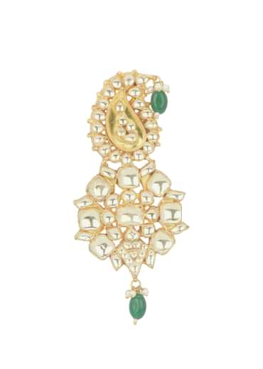 Gold Finish Paisley Kalgi With Kundan And Green Bead Drops