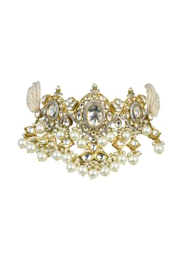 Gold Finish Kundan Polki Choker And Earrings Set In Mix Metal
