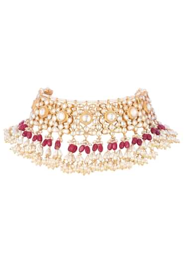 Gold Finish Ruby Stone Choker Set With Kundan Work