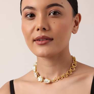 Gold Finish Short Necklace With Mother Of Pearls
