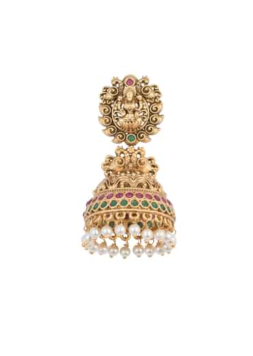 Gold Finish Temple Jhumkas With Meenakari Work And Carved Motifs