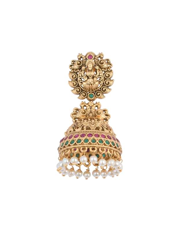 Gold Finish Temple Jhumkas With Meenakari Work And Carved Motifs
