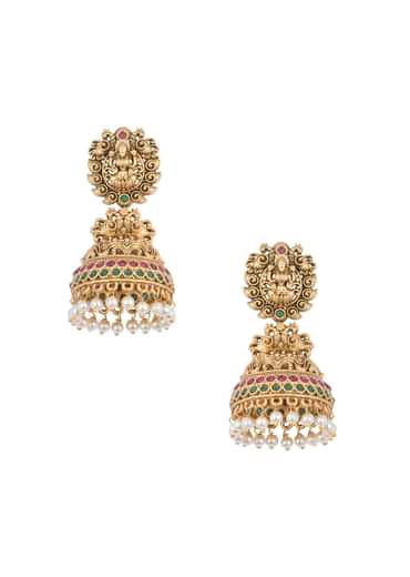 Gold Finish Temple Jhumkas With Meenakari Work And Carved Motifs
