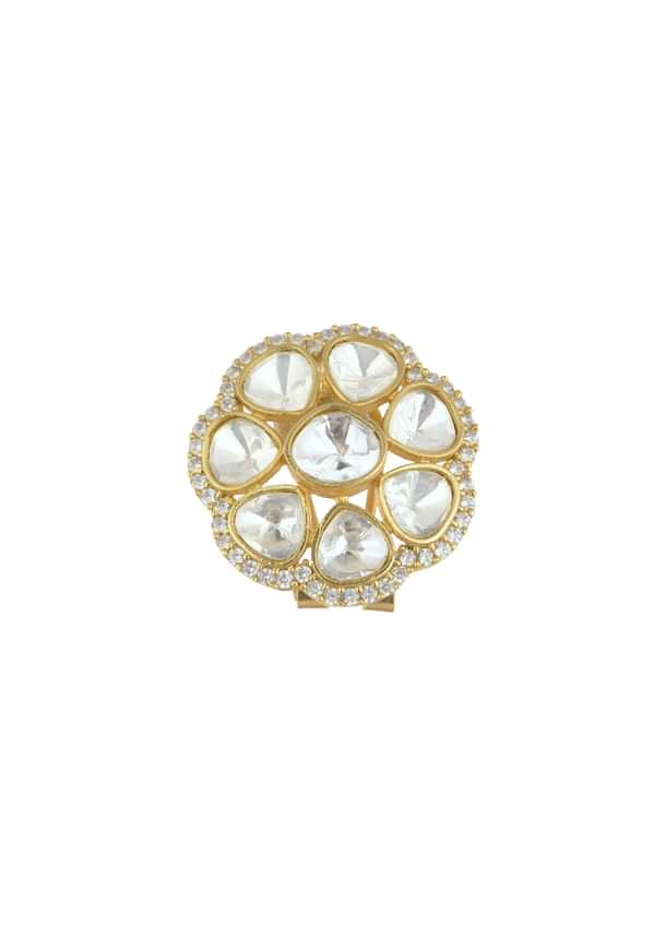 Gold Finish White Polki Studs In Mix Metal