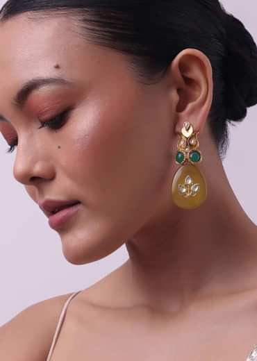 Gold Finish Yellow Kundan Embellished Danglers