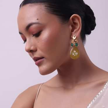 Gold Finish Yellow Kundan Embellished Danglers