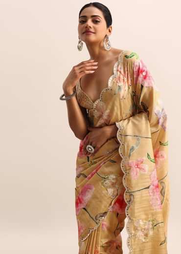 Gold Floral Printed Tissue Saree With Moti Work Border And Unstitched Blouse