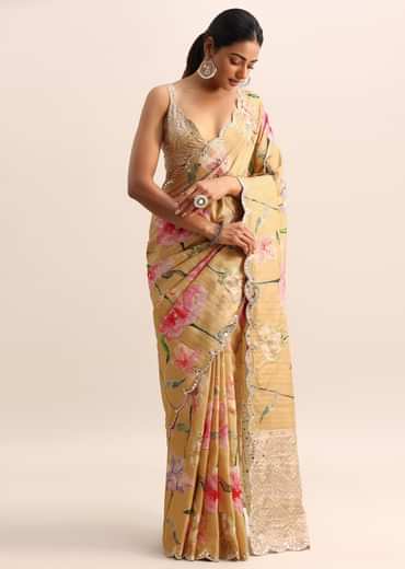 Gold Floral Printed Tissue Saree With Moti Work Border And Unstitched Blouse