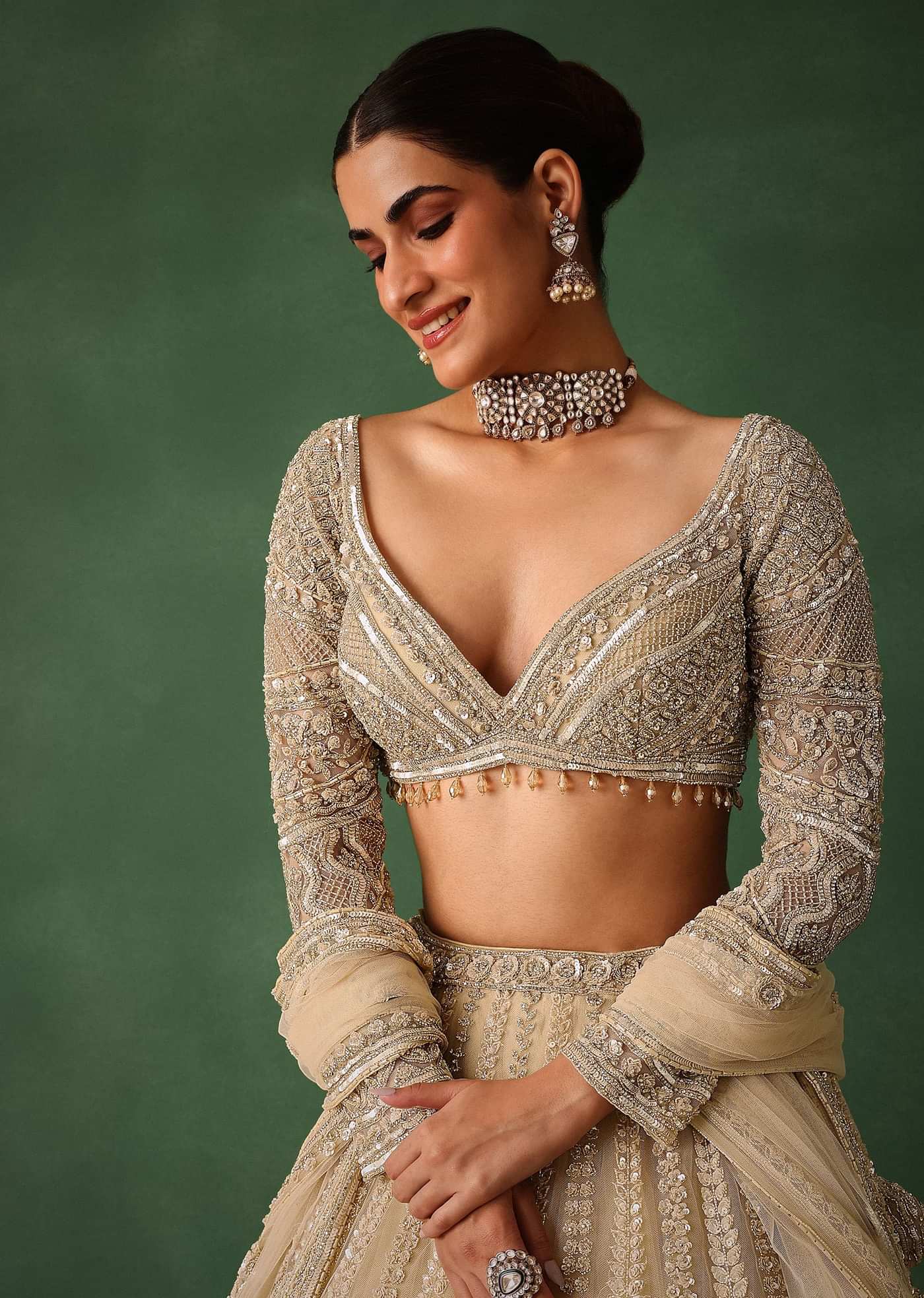 Gold Hand Embroidered Lehenga Set In Raw Silk With Dupatta