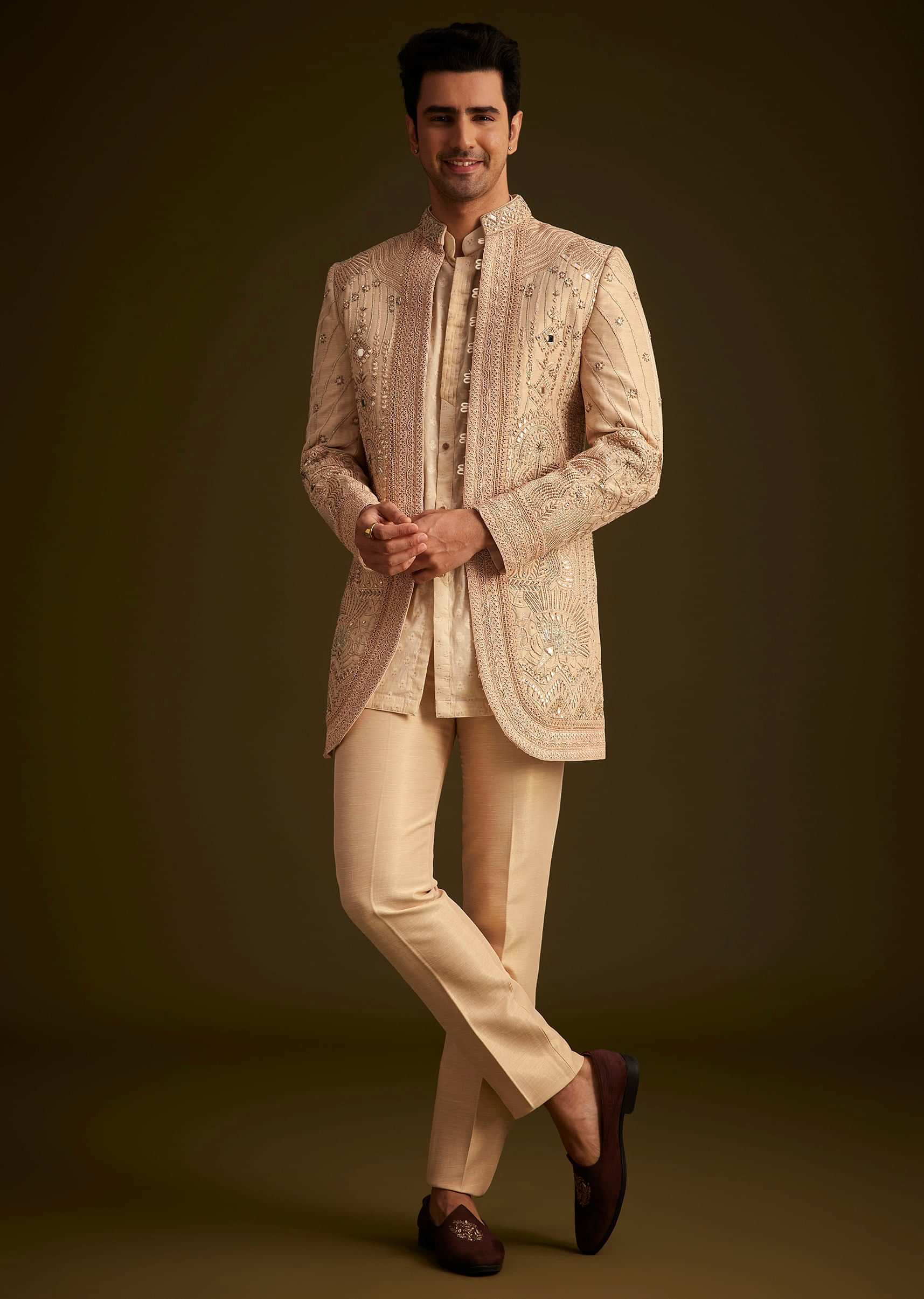 Gold Hand Embroidered Sherwani Set With Intricate Detailing