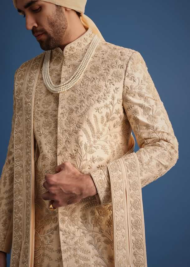 Gold Hand Embroidered Sherwani Suit