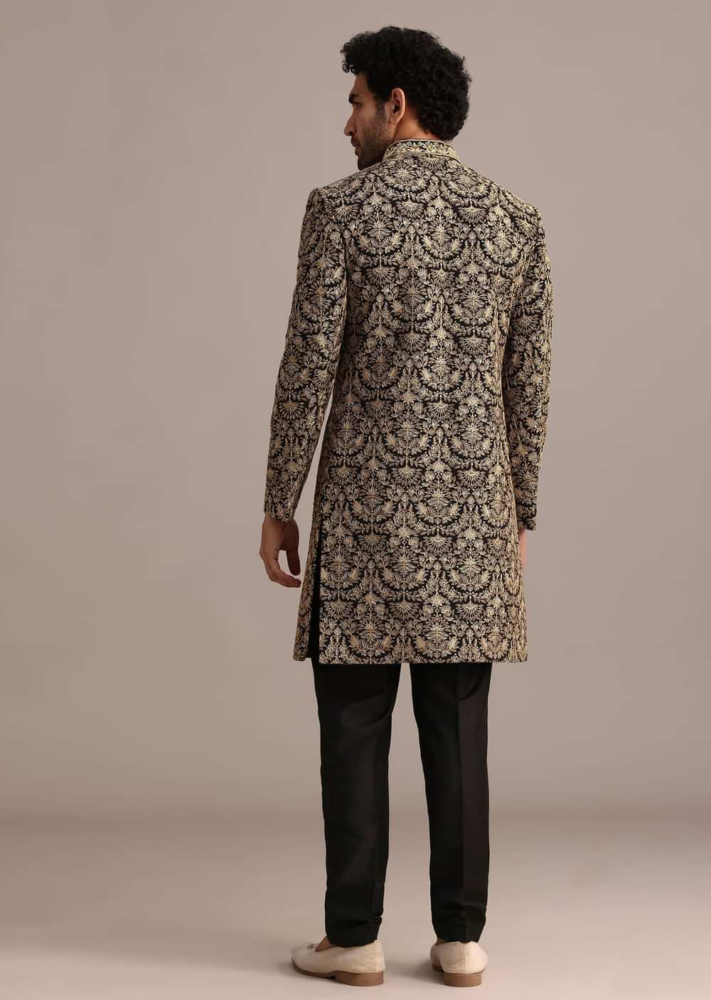 Gold Hand Embroidered Silk Sherwani Suit