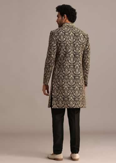 Gold Hand Embroidered Silk Sherwani Suit