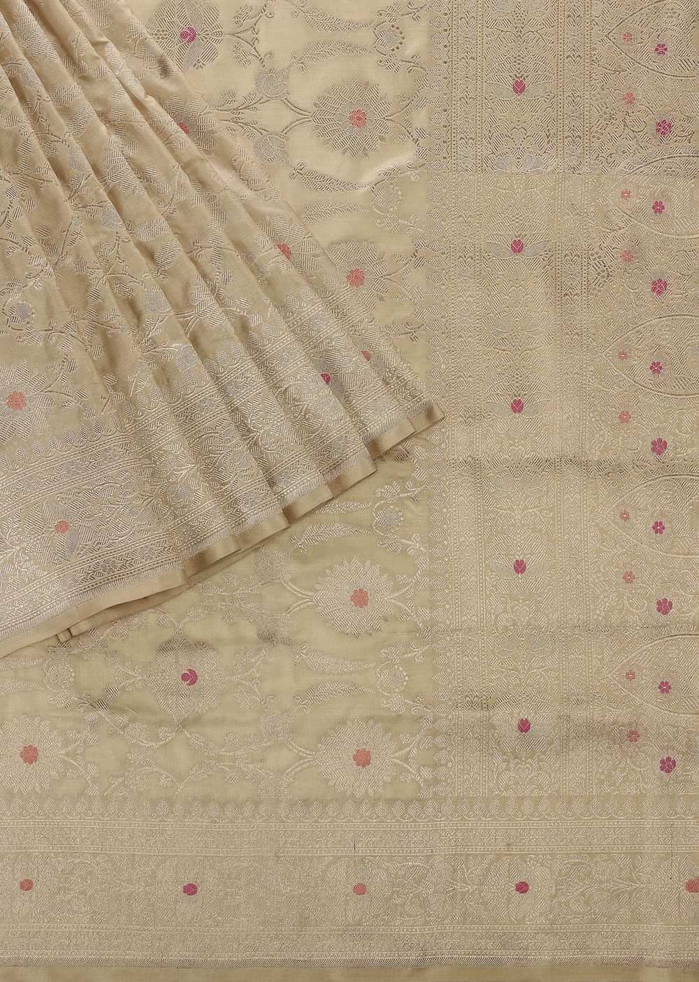 Gold Handloom Banarasi Saree In Uppada Silk With Meenakari Weave And Unstitched Blouse