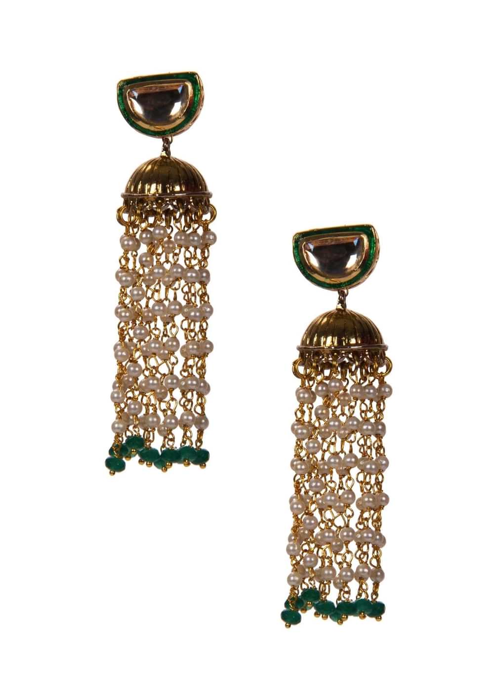 Gold Jhumkis With White Tassels only on Kalki