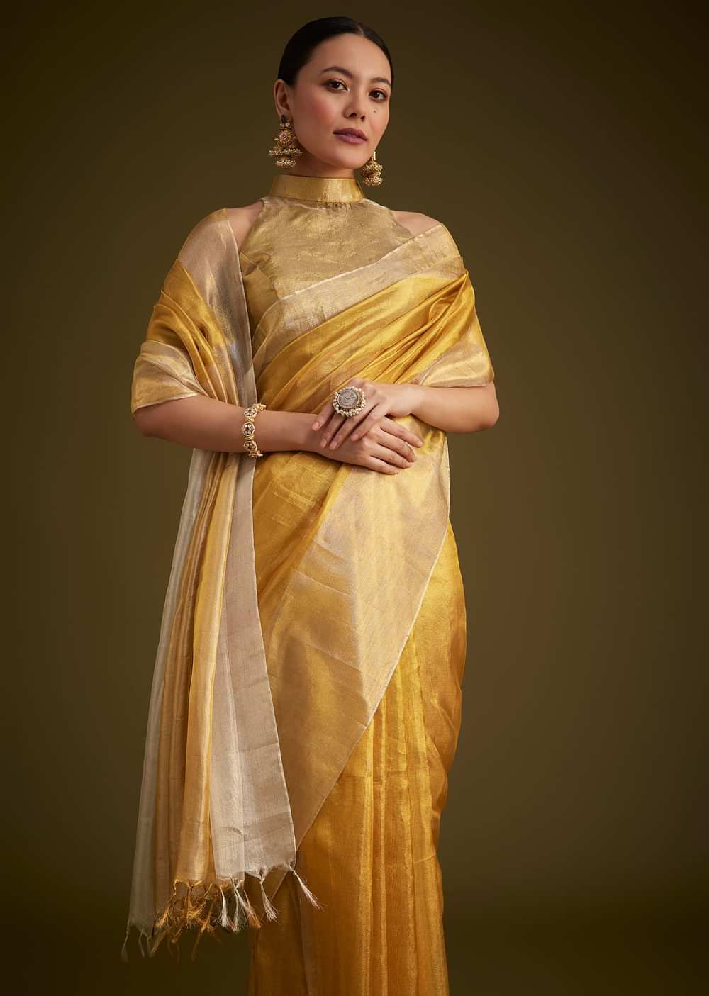 Gold Kanjivaram Silk Saree With Contrast Border And Pallu