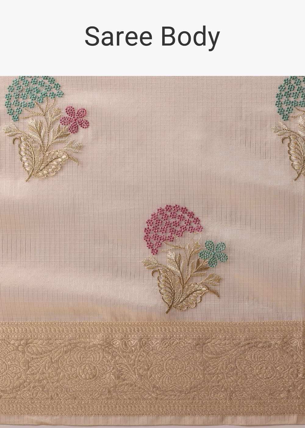 Gold Kora Silk Chanderi Saree With Resham Thread Motifs And Unstitched Blouse Piece