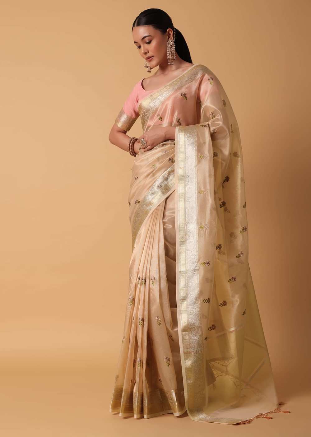Gold Kora Silk Chanderi Saree With Resham Work Butti And Unstitched Blouse Piece