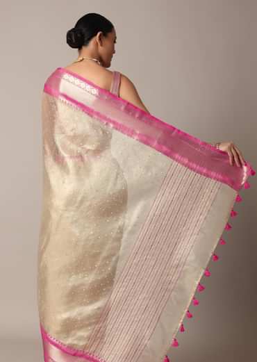 Gold Kota Silk Chanderi Saree With Mirror Detail And Unstitched Blouse Piece