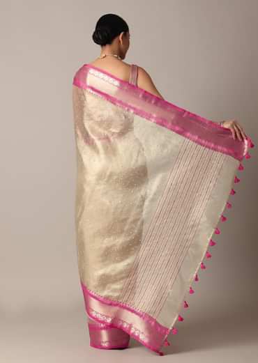 Gold Kota Silk Chanderi Saree With Mirror Detail And Unstitched Blouse Piece