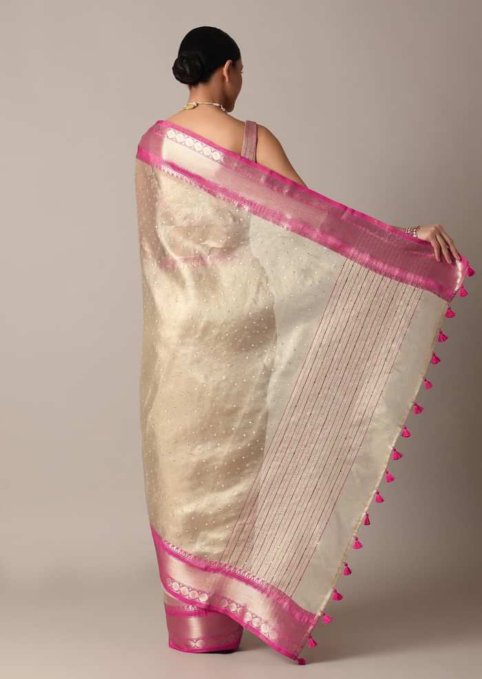 Gold Kota Silk Chanderi Saree With Mirror Detail And Unstitched Blouse Piece