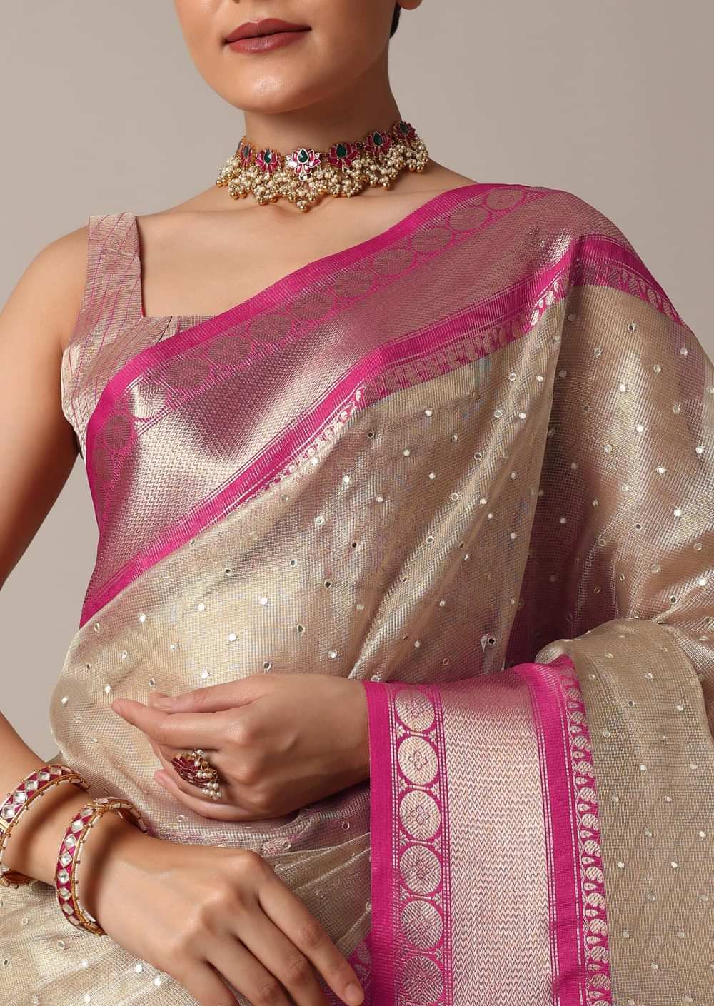Gold Kota Silk Chanderi Saree With Mirror Detail And Unstitched Blouse Piece