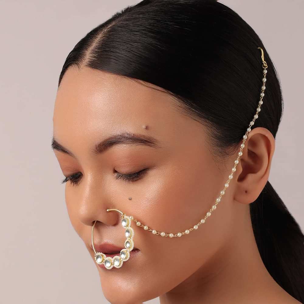 Gold Kundan Nose Ring With Pearl Chain