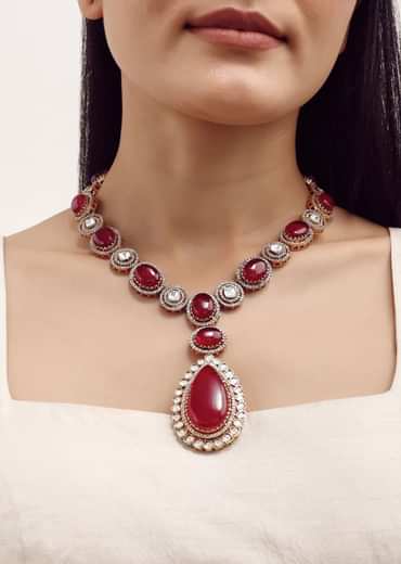 Gold Long Necklace Set With Ruby Stone In Mix Metal