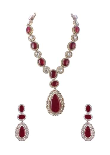 Gold Long Necklace Set With Ruby Stone In Mix Metal