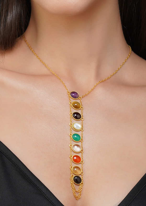 Gold Multi Navratan Lariat Necklace